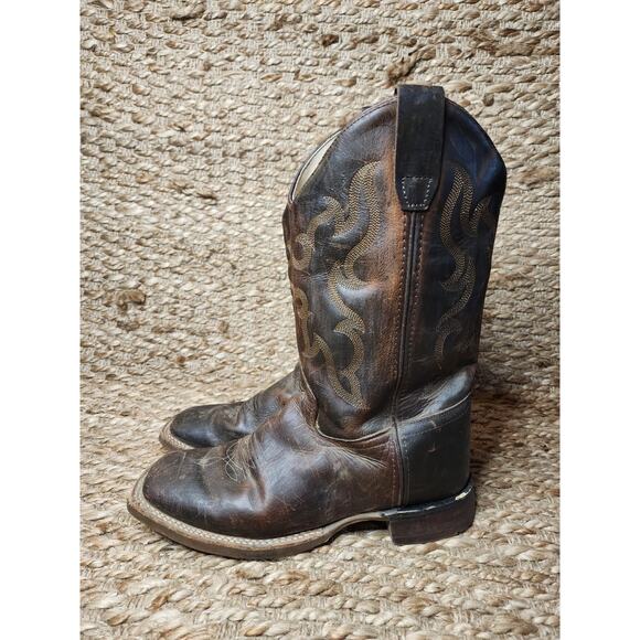 Old West Youth Size 6.5 D Brown Leather Cowboy Western Square Toe Boots - Picture 1 of 11